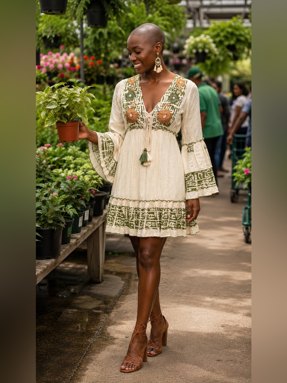 NWT CHARMING Cream Boho Long-Sleeve V-Neck Dress with Olive & Mocha Embroidery